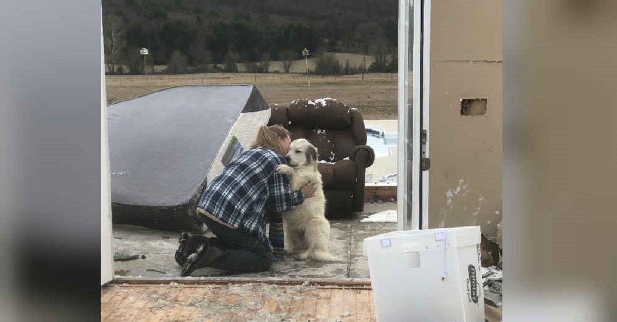 Mulher se emociona ao reencontrar seu cão e seu gato após tornado