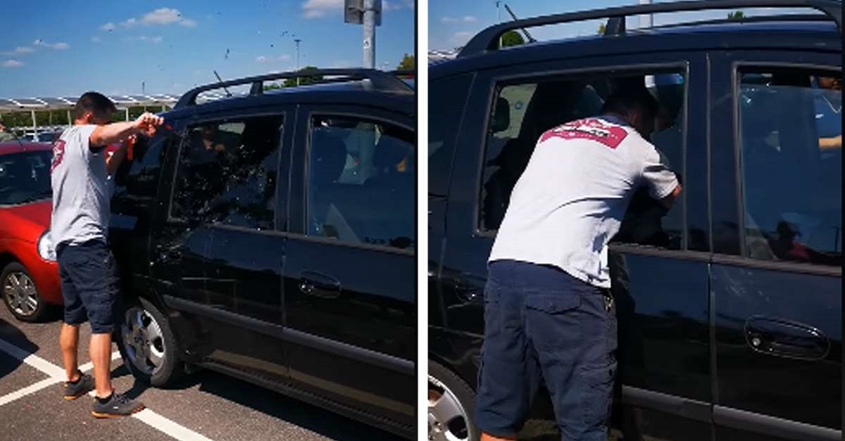Homem quebra janela para salvar cachorro preso em um carro quente